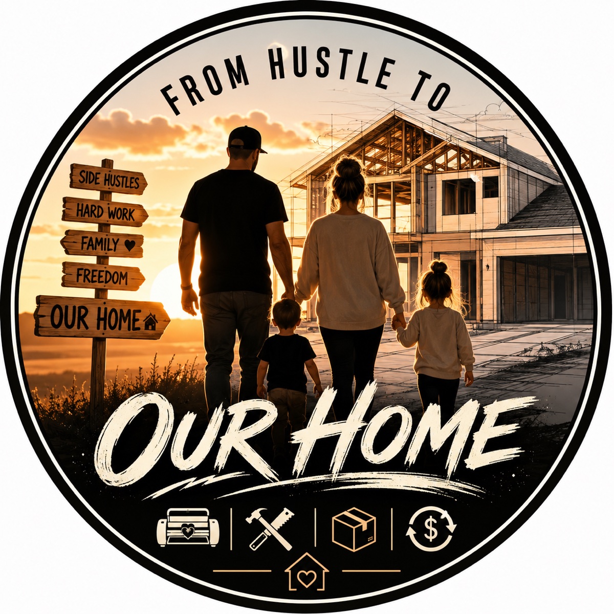 From Hustle To Our Home badge — the family walking toward the home they're working for