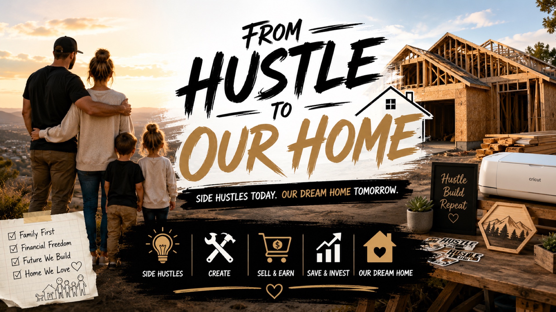 From Hustle To Our Home — family of four at their future home site. Side hustles today, our dream home tomorrow.