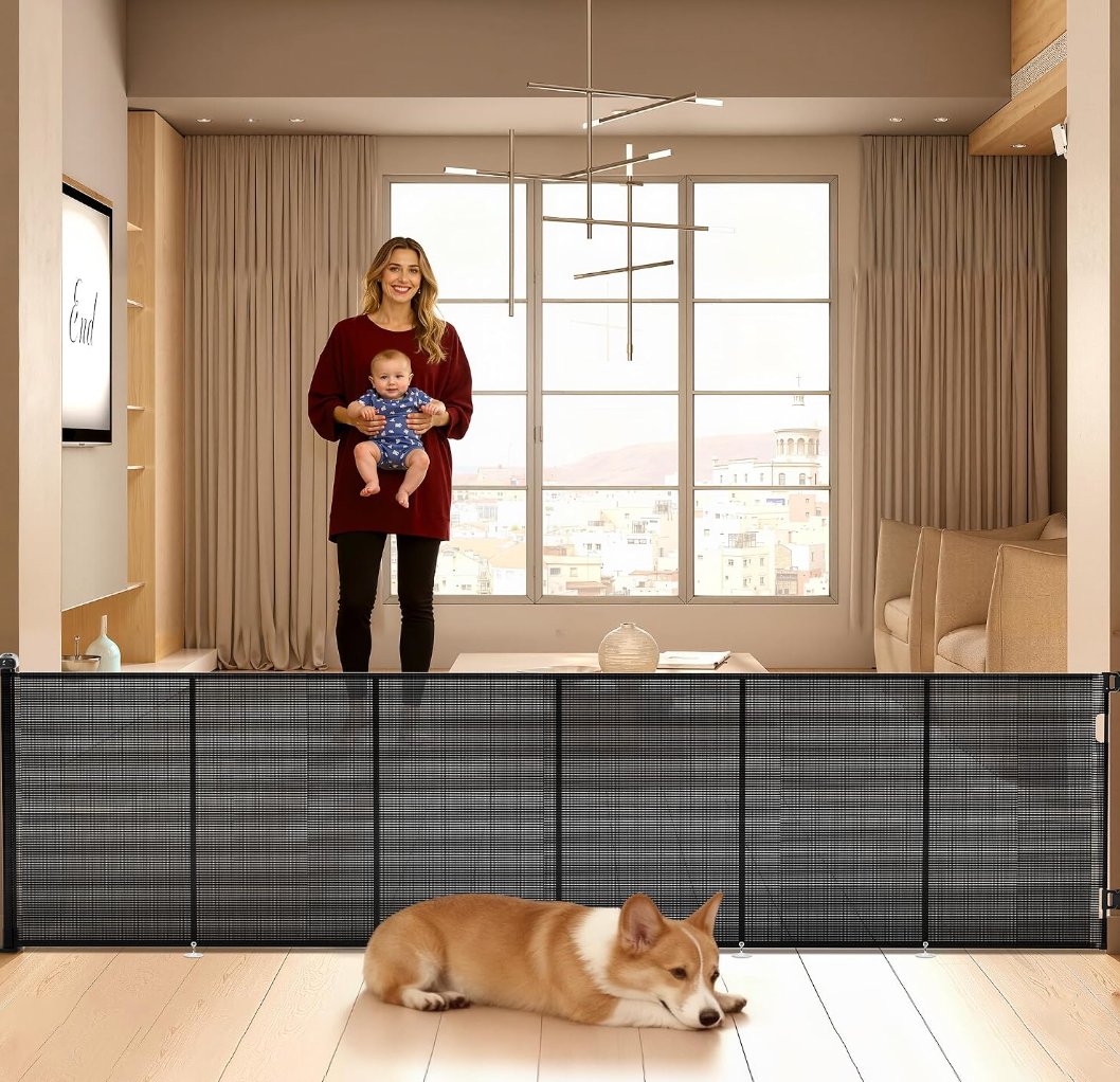 Retractable Baby Gate for Stairs, 42" Tall X 150" Wide Mesh Dog Gate Indoor, Child Gate for Doorways, Hallways, Deck, Indoor Outdoor Pet Baby Safety Essentials for Home, Black