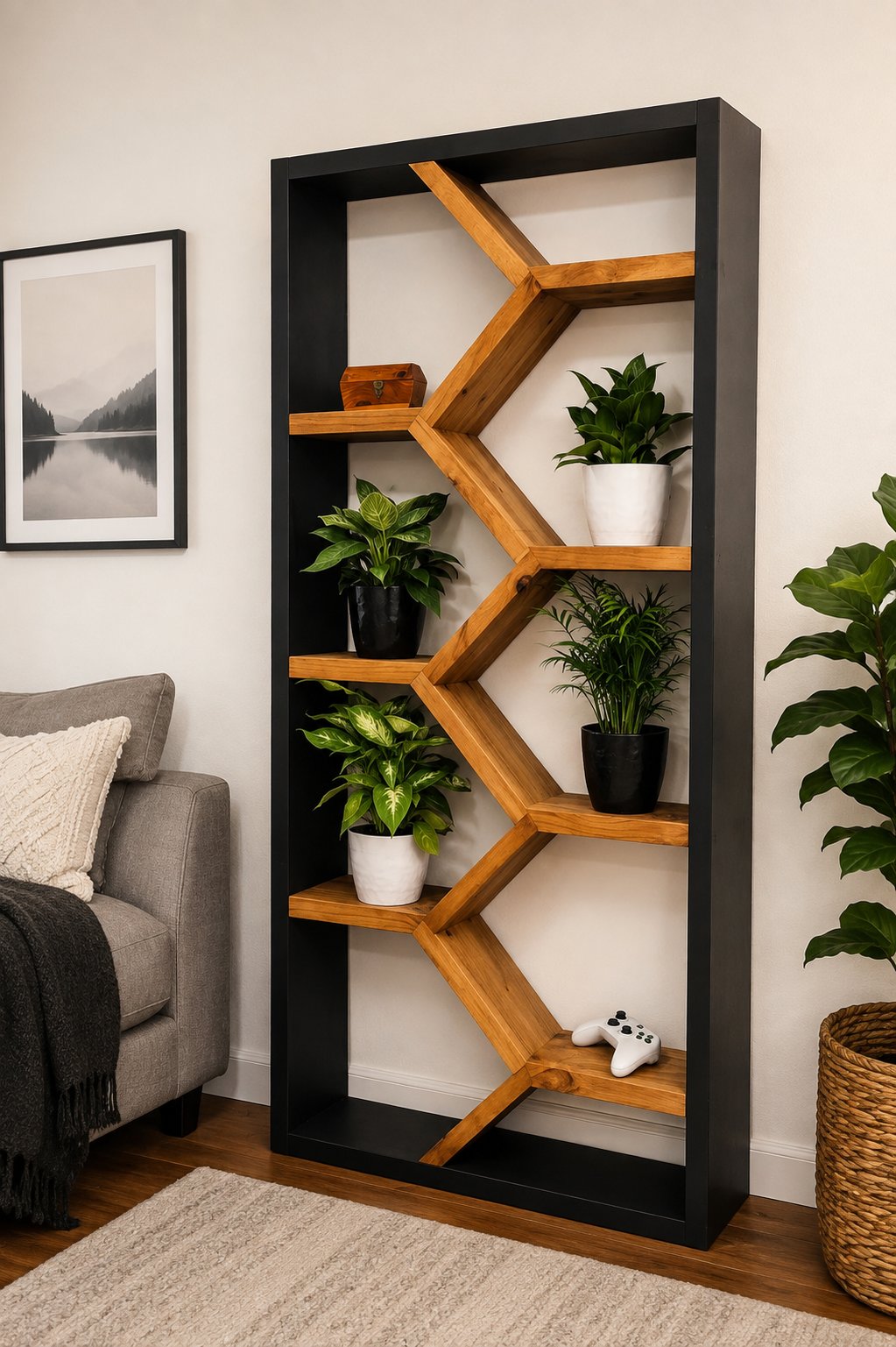 Handcrafted Modern Geometric Bookshelf – Black & Natural Wood